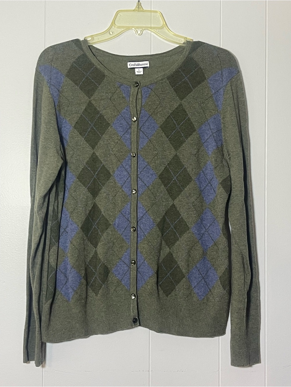 croft & barrow Olive and Blue Argyle Button-Front Cardigan